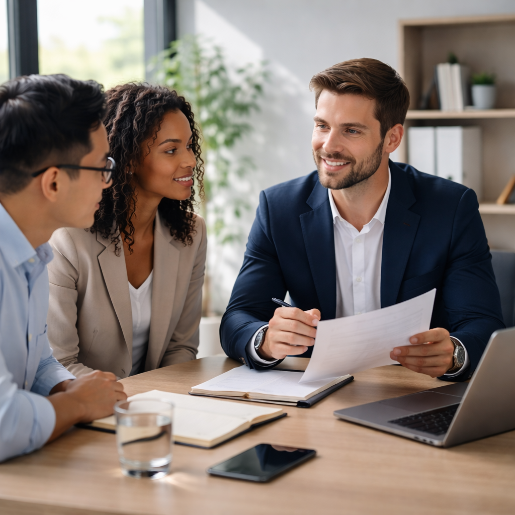 Professional business consultant discussing strategy with clients in a modern office environment