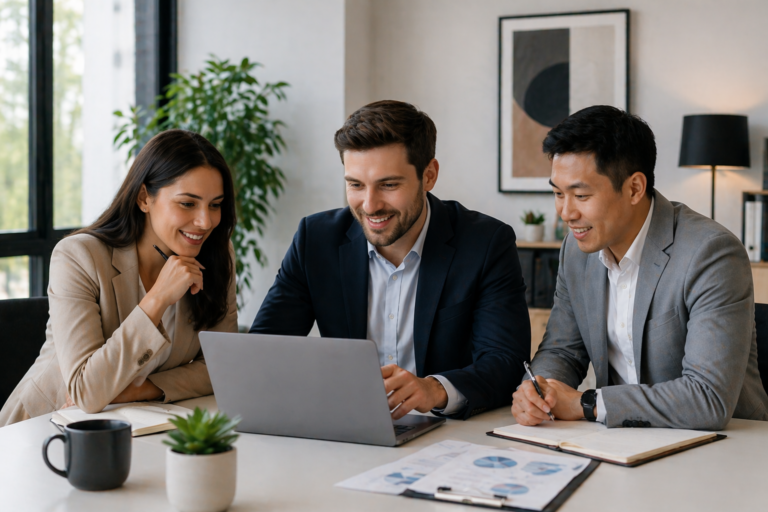 Professional team discussing business strategy and planning in a modern office environment